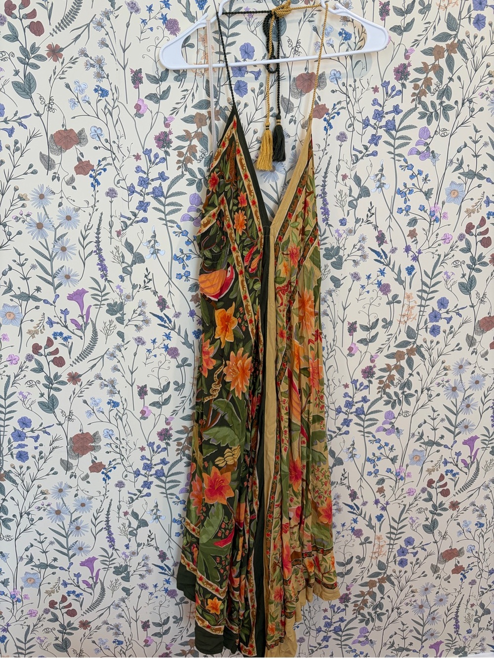 Farm Rio Floral V-Neck Maxi Jumpsuit in Green and Gold